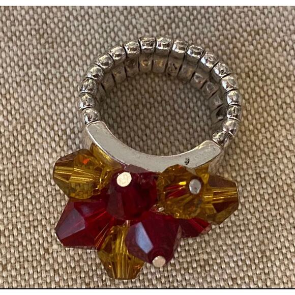Red/Maroon and Gold Glass Bead Stretch Ring - Picture 2 of 2